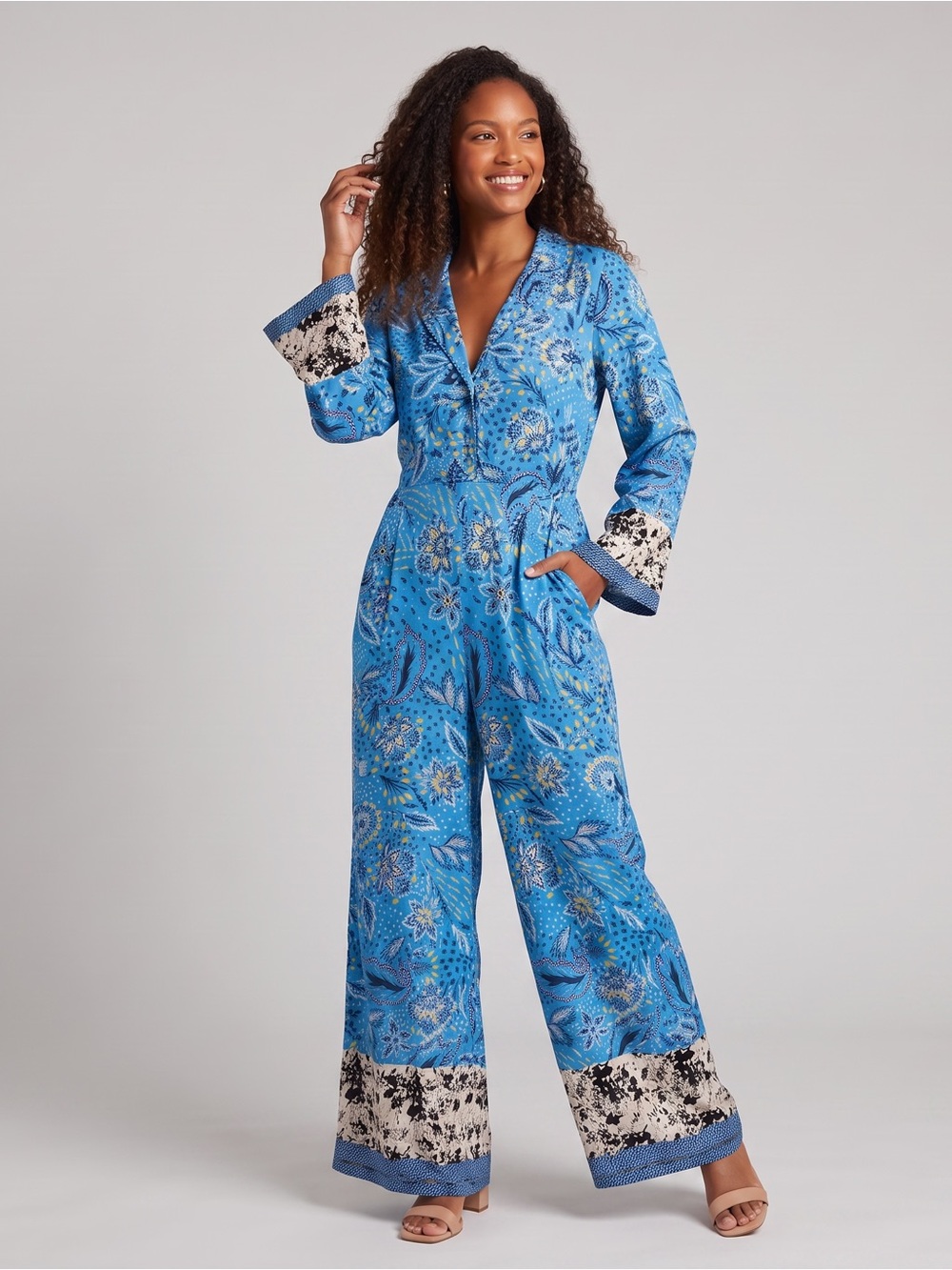 TAJ by Sabrina Crippa Blue Printed Beaded V-Neck Wide-Leg Jumpsuit NWT $210